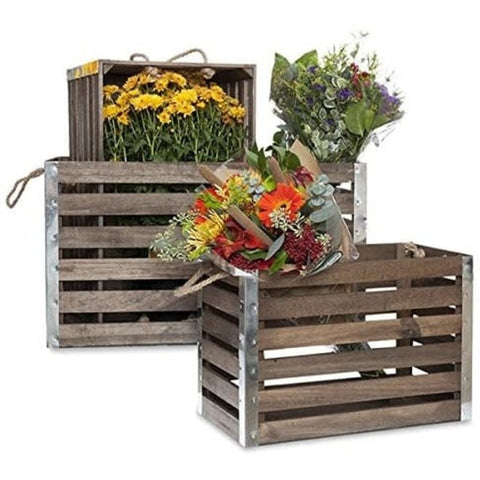 Metal Corners Wood Crate w/ Rope Handles-Medium